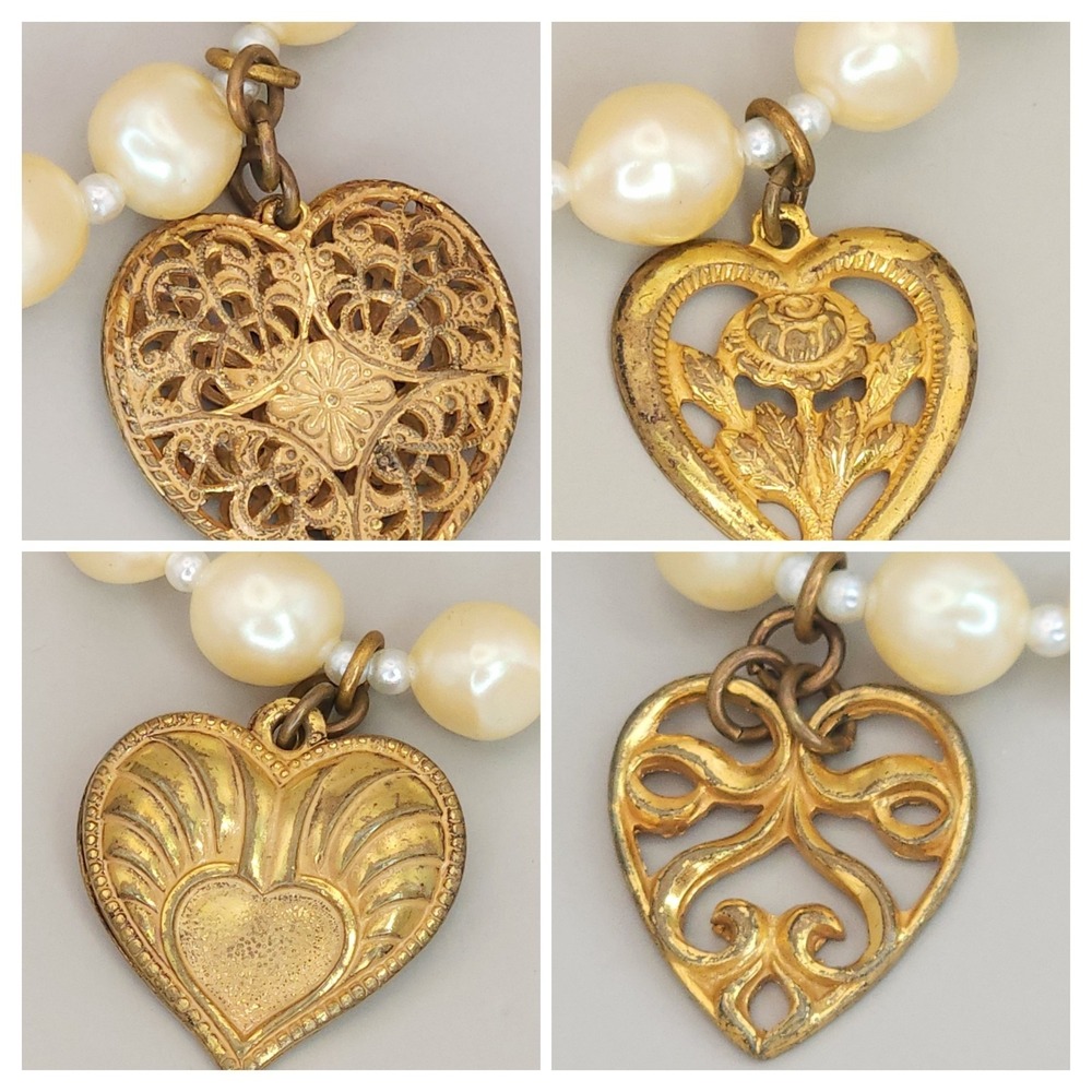 Signed Vtg‎ Miriam Haskell Faux Pearl Heart Charm Bracelet Gold Tone Filligree - Picture 3 of 15